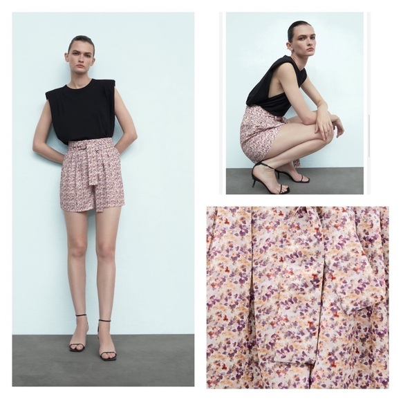 NWT ZARA Floral High Waisted Paperbag Shorts Small Blogger Favorite - Picture 1 of 10